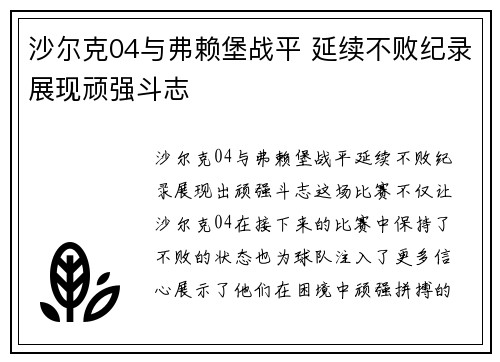 沙尔克04与弗赖堡战平 延续不败纪录展现顽强斗志