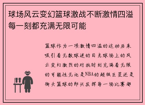 球场风云变幻篮球激战不断激情四溢每一刻都充满无限可能