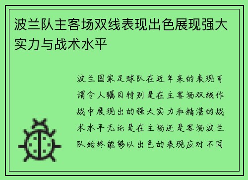 波兰队主客场双线表现出色展现强大实力与战术水平