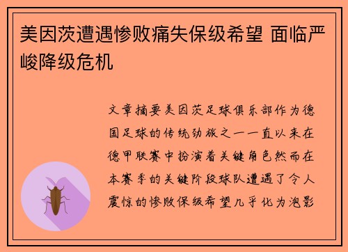 美因茨遭遇惨败痛失保级希望 面临严峻降级危机
